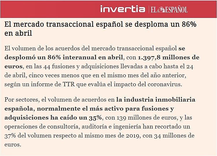 El mercado transaccional espaol se desploma un 86% en abril